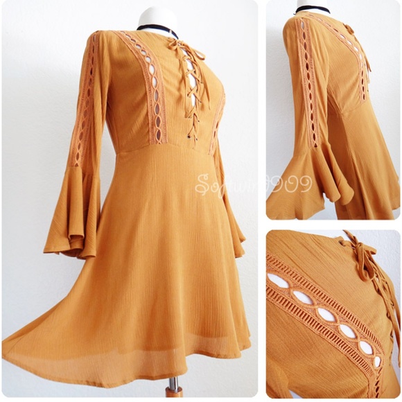 Last☝️Forever 21 Mustard Lace Up Cute Skater Dress - Picture 5 of 8